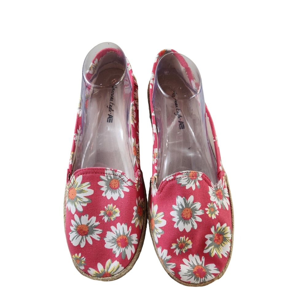 American Eagle AE Womens Red Daisy Floral Espadrille Flats Shoes Size 11